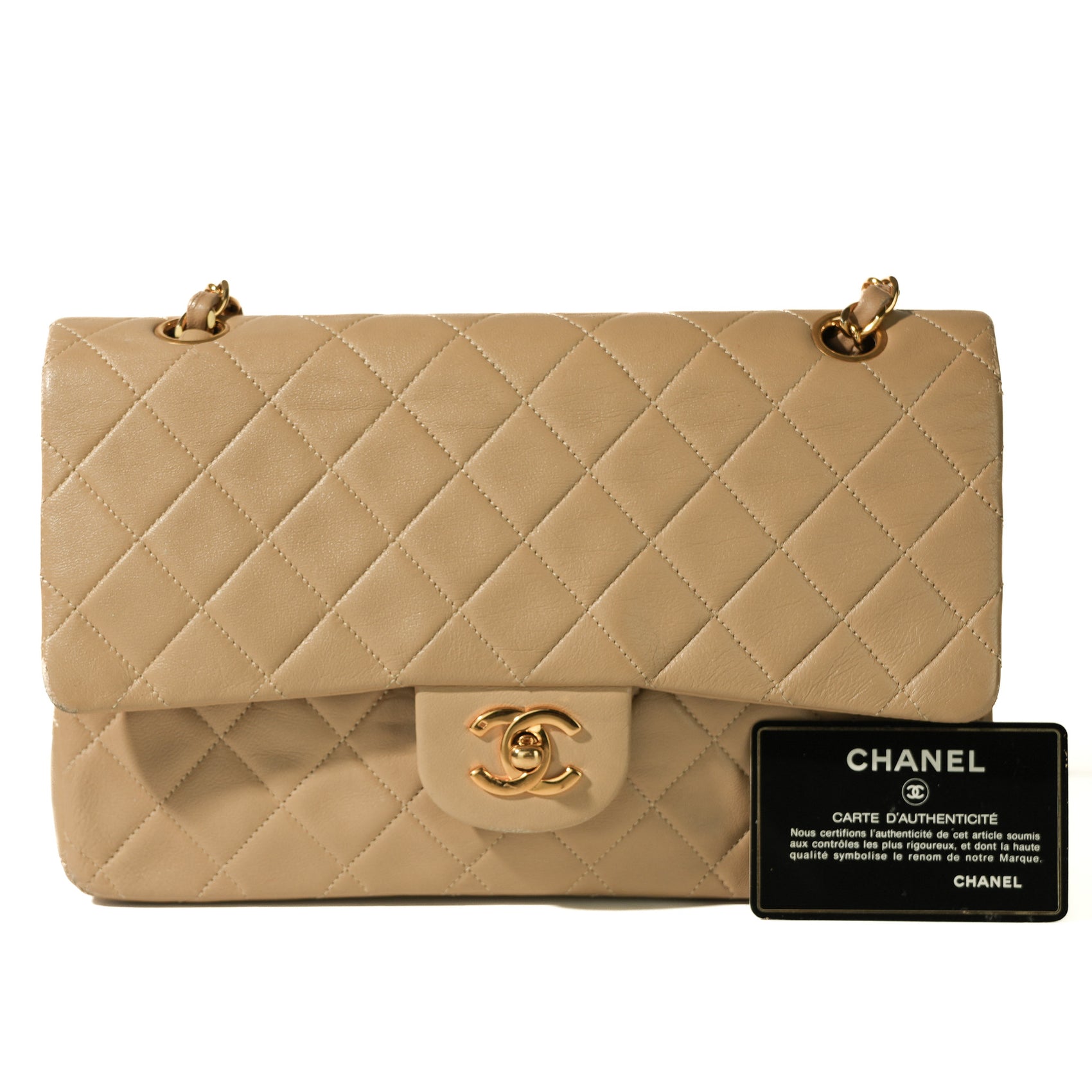 Chanel Matelasse 25 Lambskin Double Flap Double Chain Bag Beige Gold Hardware