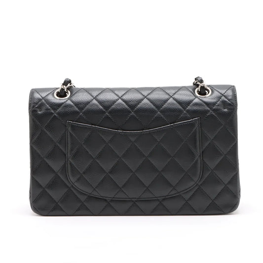 Chanel Matelasse 25 Caviar skin Double Flap Double Chain Bag Black Silver Hardware