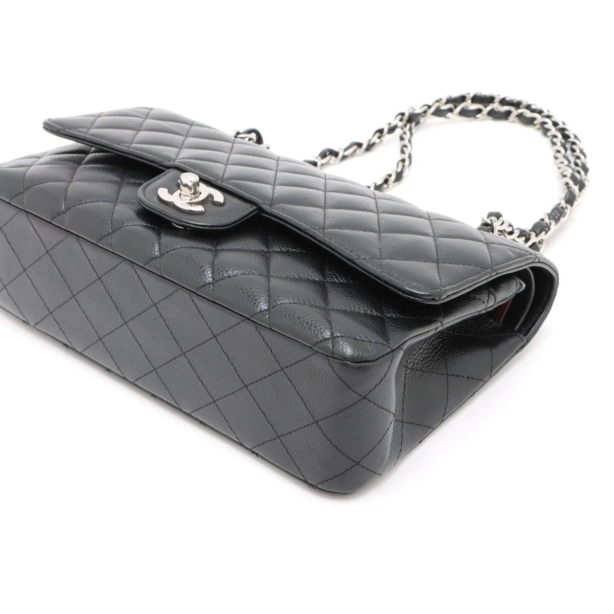 Chanel Matelasse 25 Caviar skin Double Flap Double Chain Bag Black Silver Hardware
