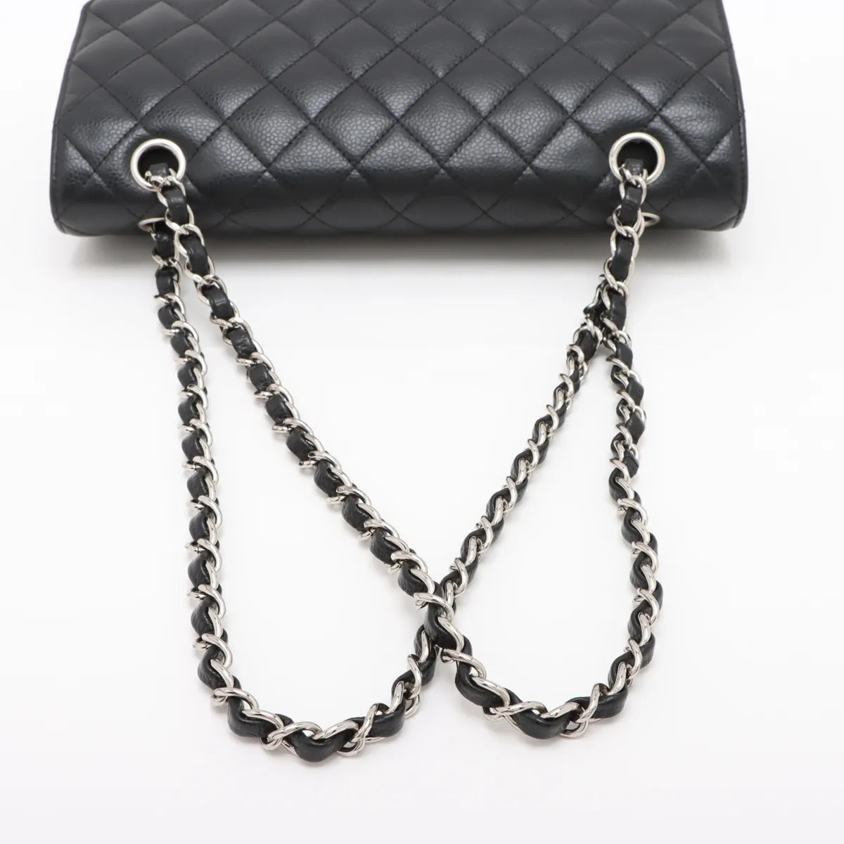 Chanel Matelasse 25 Caviar skin Double Flap Double Chain Bag Black Silver Hardware