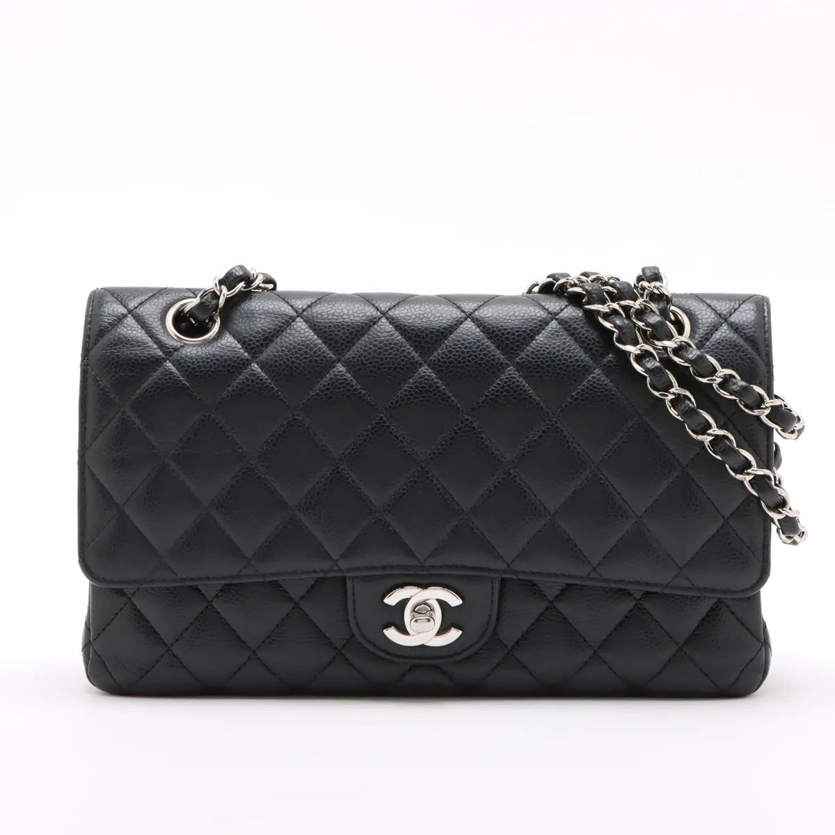 Chanel Matelasse 25 Caviar skin Double Flap Double Chain Bag Black Silver Hardware